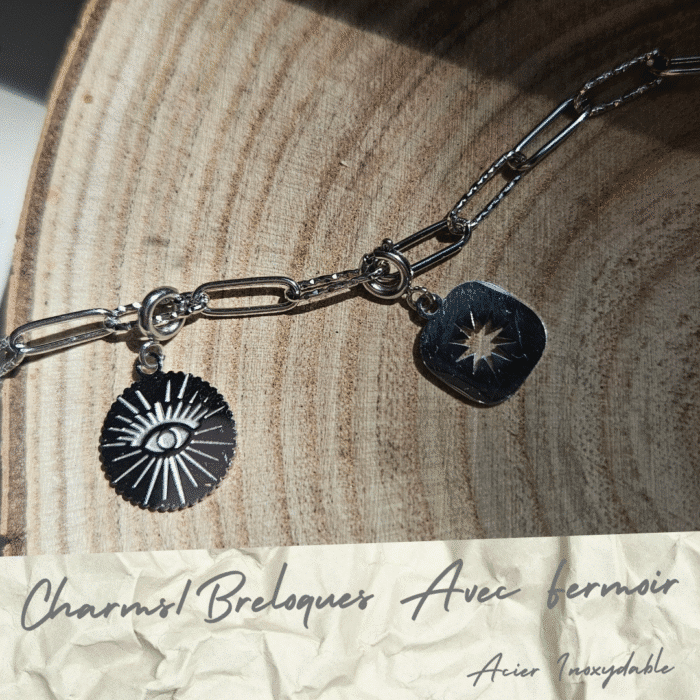 Charms/breloques avec fermoirs tous les modèles couleur argent, enfilés sur une chaîne trombone alternée en acier inoxydable, By Créa'Lise!
